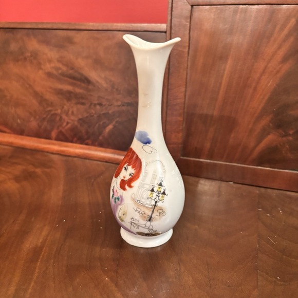 Vintage Enesco Femme Faire Hand Painted Girl Vases Pair Mid Century 6" - Picture 5 of 11